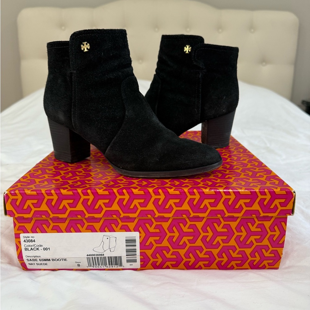 Tory Burch Black Ankle Booties with Gold Accents